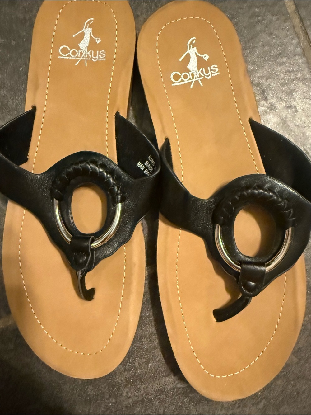 Corkys Black Ring-Accent Thong Sandals with Tan Footbed